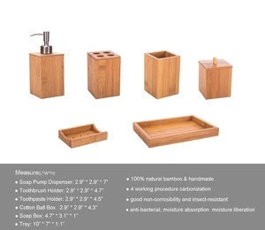 6pcs Bamboo Bathroom Accessory Tray Set with Soap Dispenser, Cotton Ball Box, Toothbrush, Toothpaste Holder