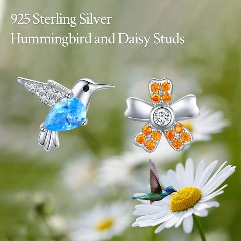 925 Sterling Silver Hummingbird Daisy Flower Studs Earrings for Women
