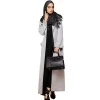 A3362 Womens Elegant Modest Muslim Islamic Light Grey Abaya Open Front Metal Button Trench Coat
