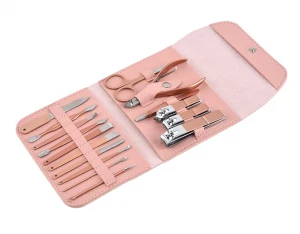 Amazon Hot Sale Portable 16 in 1 Stainless Steel Manicure Pedicure setMakeup & Nail Care Nail tool kit with Pink PU case