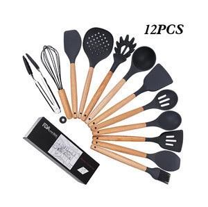 Amazon hot sales 12 pcs wood kitchen cookware utensil set