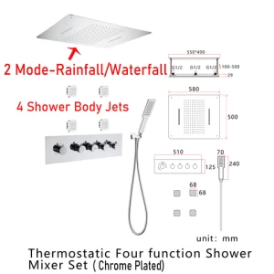 Bathroom 3/4 Function Ceiling Mounted Thermostatic Shower Faucet Set Rainfall Waterfall Shower Head Handheld Sprayer Shower Set