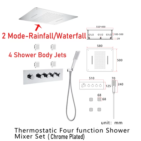Bathroom 3/4 Function Ceiling Mounted Thermostatic Shower Faucet Set Rainfall Waterfall Shower Head Handheld Sprayer Shower Set