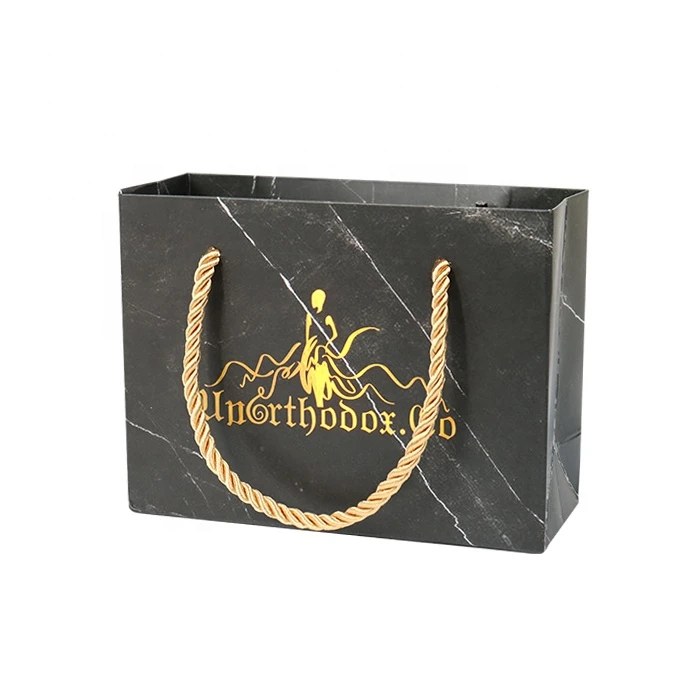 Black Marble Retail Luxury Shopping Bags Paper Custom With Logo Hot Stamping