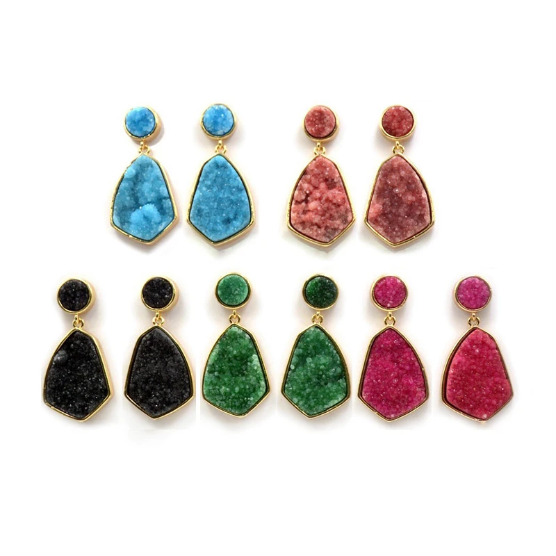 Bright Costomized Gold Drop Color Earrings Designs Natural Druzy Agate Earring Bohemian Jewel Stone Earrings Jewelry Women