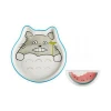 Ceramic Grey Fat Cat Shape Dinner Baby Bowl Set With Blue Rim