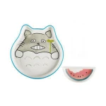 Ceramic Grey Fat Cat Shape Dinner Baby Bowl Set With Blue Rim