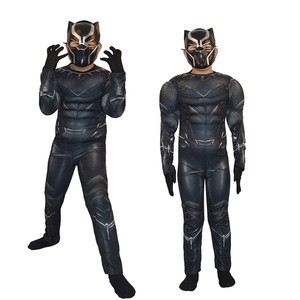 Children black panther costume with printing necklace Halloween costume superhero clothes muscles cosplay performance clothing