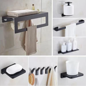 China cheap complete bathroom accessories stainless steel towel rack bath hardware Sets Black