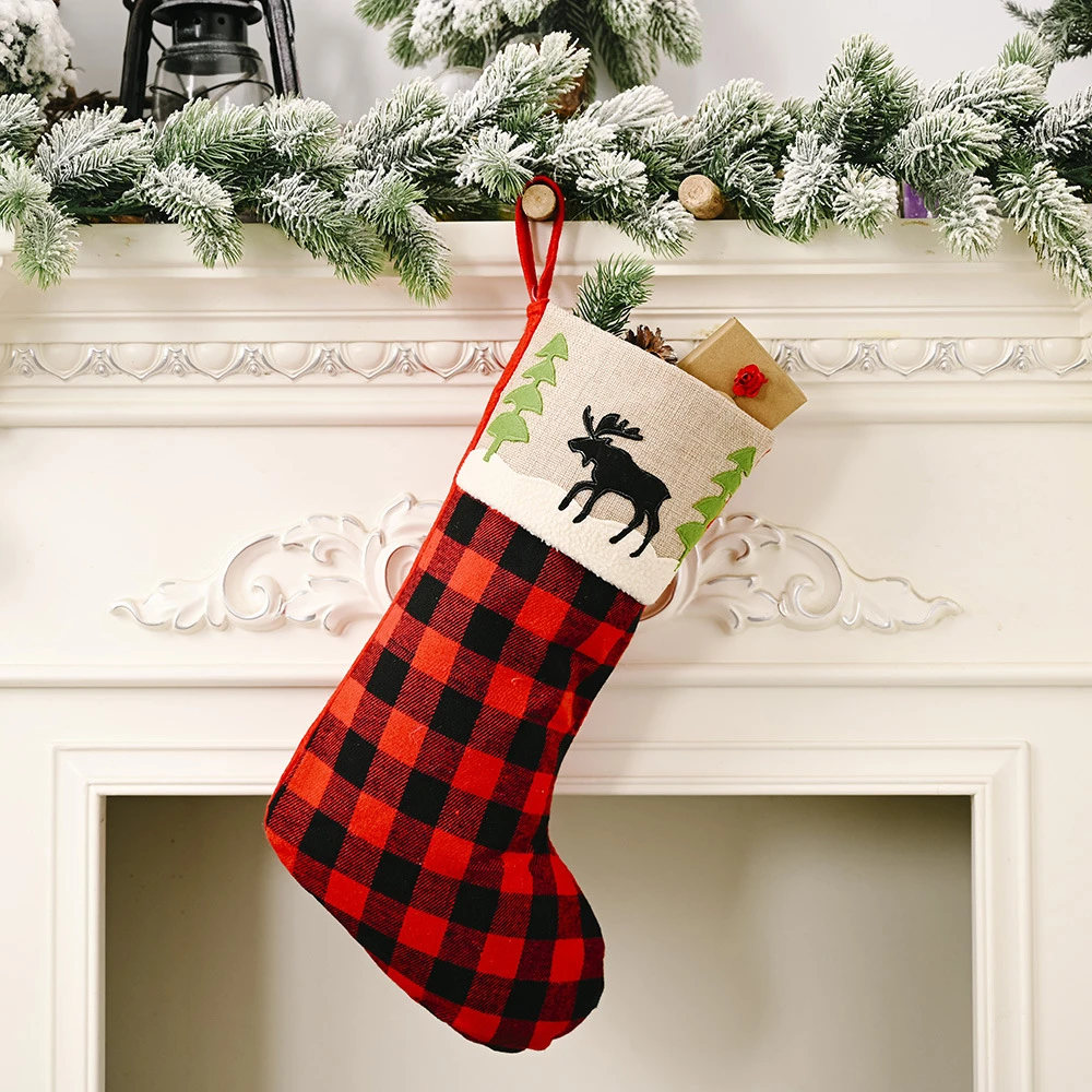 Christmas Tree Bedside Ornaments Gift Red Black Plaid Elk Christmas Stocking Indoor Christmas Decoration