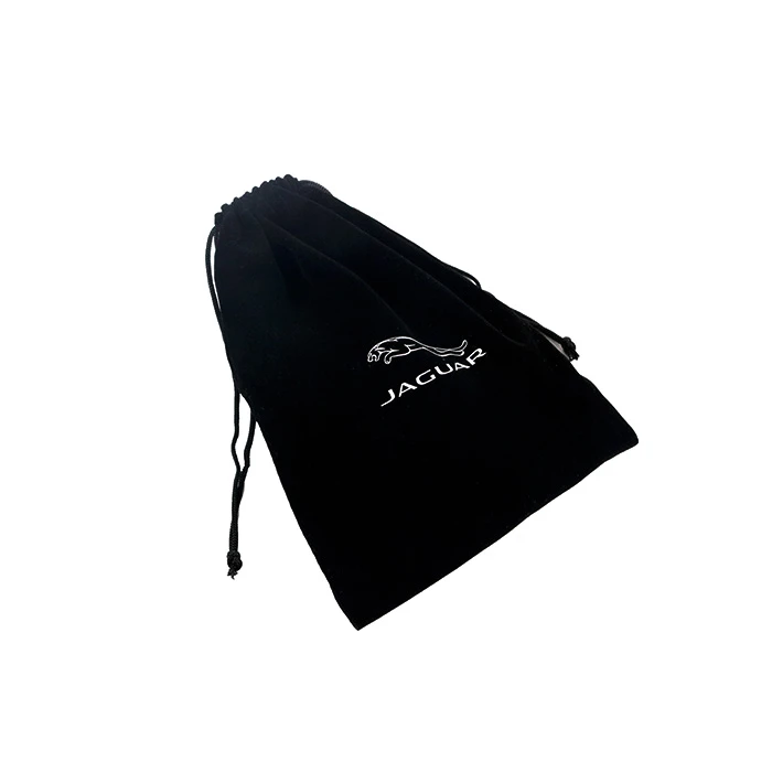 Custom printed black soft velvet jewelry pouches drawstring closure bag with white logo