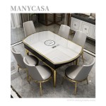 Dining room dinning table 6 chairs set Modern luxury glass top Metal base  dinning table hot pot Expandable dinning table set