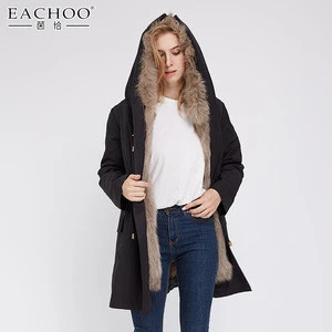 EACHOO fashionable women winter real fox fur lining with real fur hood long warm trench parka jacket coat