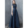 Elegant Lace Long Evening Dinner Dress with Beaded Cap Sleeve Ladies Navy Blue Formal Gown 2019
