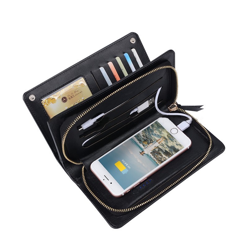 Factory leather unique design multifunctional phone case wallet with power bank 3000mah