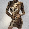 fashion party bodycon one piece women dress tiger print pencil glove dress