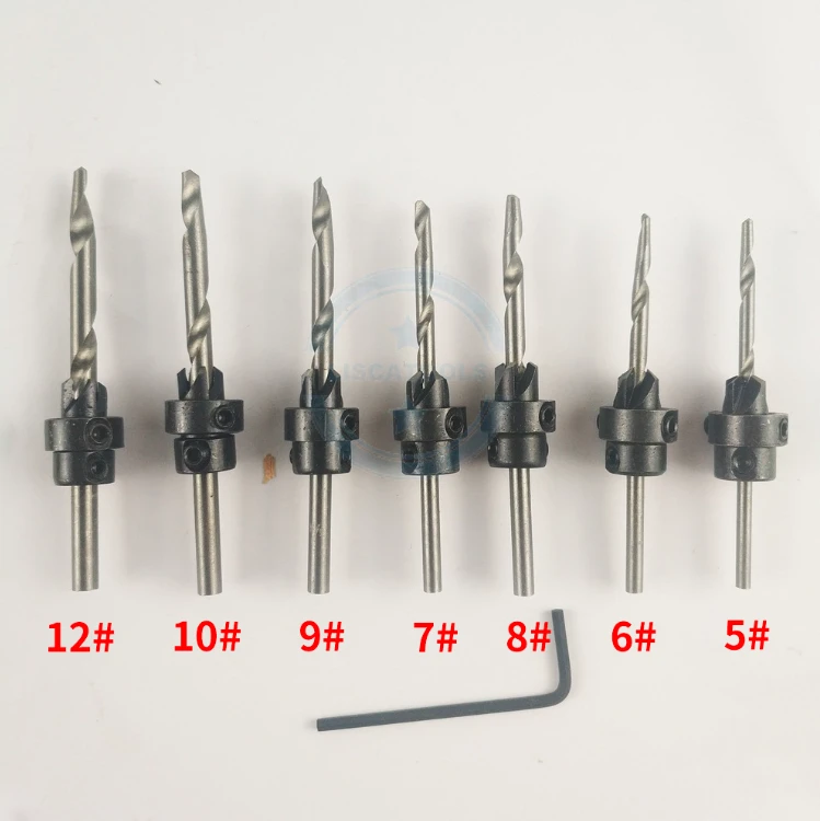 Free Ship 7PCS HSS Tapered Countersink Drill Bits Set Depth Stop Adjustable Collar Woodworks Wood Tools Small Wrench Set