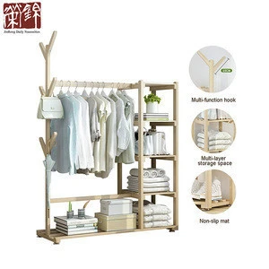 Free-Standing Closet  Multi-function Large Garment Rack with Storage Hanging Rods Pine Wood Heavy Duty Clothes Organizer
