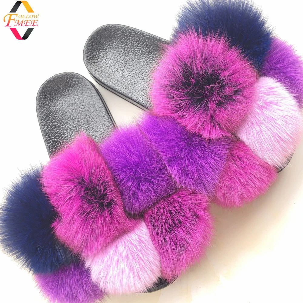 Fur Slippers Women Furry Slides Summer Fluffy Slippers House Shoes Woman Real Fur Slides Home Wholesale Womens Fur Fox Slipper
