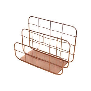 Guangxi Factory Direct Sale  3 Compartments Rose Gold  Metal  Wire Office Desk Organizer Storage Basket File &amp; Letter Holder