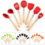 High Quality 7piece With wood handle Stainless steel  turner spoon skimmer soup ladle set of kitchen utensils