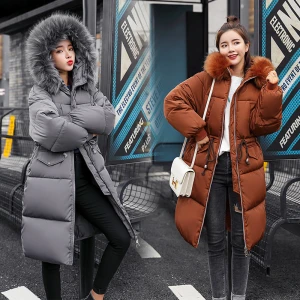 High Quality ladies warm hooded fur collar cotton-padded clothes women slim long cotton winter jackets women coats