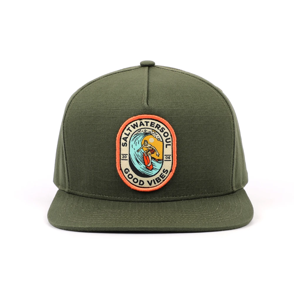 High Quality Wholesale Custom Cheap Adult 5 Panel Cool Flat Brim  Army Green  Grid Woven Patch Snapback Caps Sport Caps