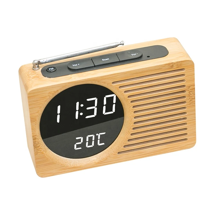 Home decor portable Bamboo wooden Red LED digital alarm clock FM radio