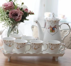 Hot sale ceramic gift pattern drinkware white coffee tea pot and cup set for household