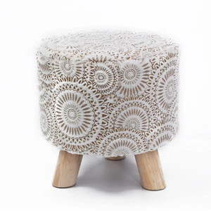 Hot Sale Round Fabric Wooden Ottoman Foot Stool With 4 Legs