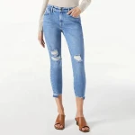 Hot Sale Slim Ladies Streetwear Distress Cropped Trousers Blue Skinny Ripped Denim Jeans For Women