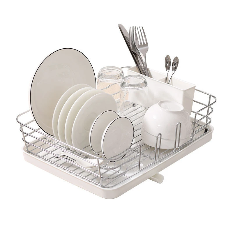 Kitchen Steel Frame Dish Rack With Plastic Cutlery Holder and Drainboard