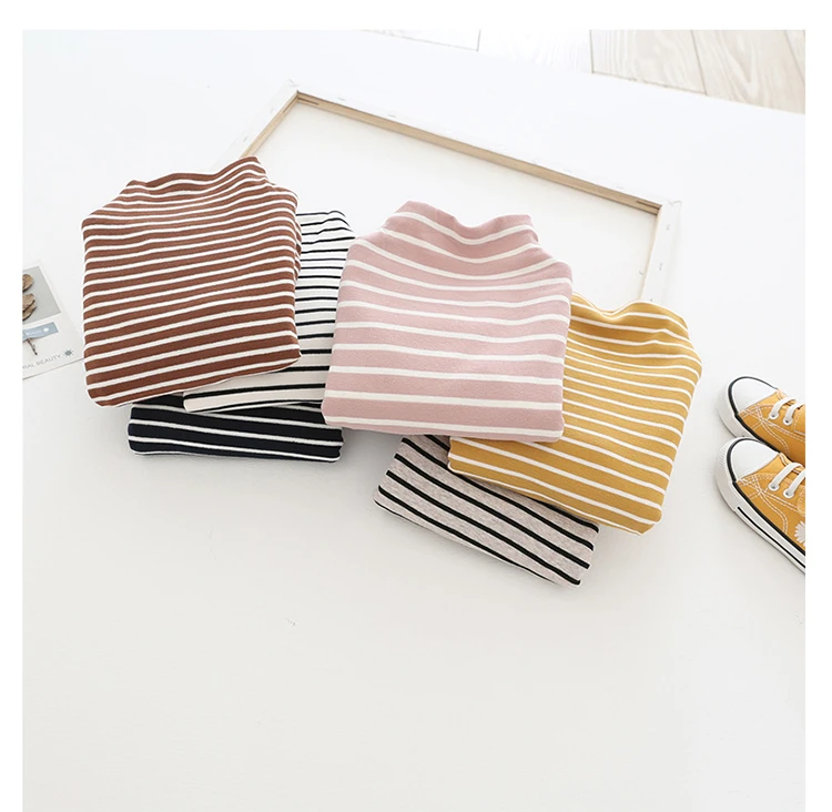 Long Sleeve Kids T- shirt Pure Cotton Strip Design Add Wool Warm Children Shirt for Winter Autumn