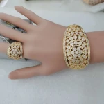 Luxurious Gold Women Bangle Bracelet Rings Jewelry Set Zircon Inlay Female Fine Jewelry Gifts