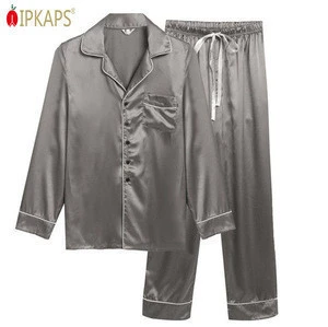 Male Home Clothing Lounge Pants and Top 2 Piece Set Satin Pajamas Factory Lapel Single Breasted Solid Sleepwear
