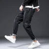 Mens slim narrow jeans high street cargo pants fashion drawstring adjustable pencil smoking pants adult casual jeans overalls