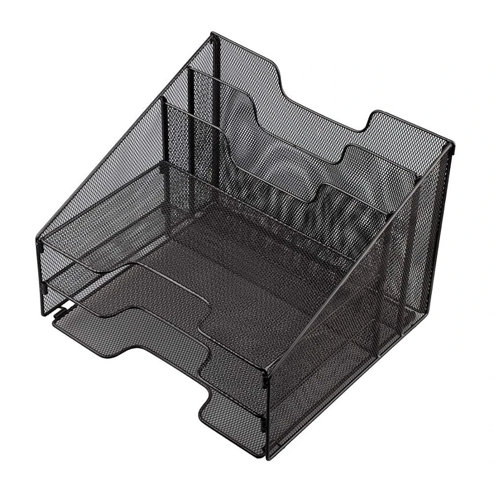 Metal Mesh Office Desk Organizer with 3 Letter Trays and 2 Vertical Upright Sections, Desktop File Holder