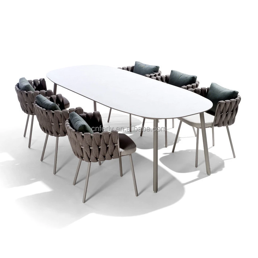 Modern design outdoor furniture garden rope woven dining chair marble top dining table