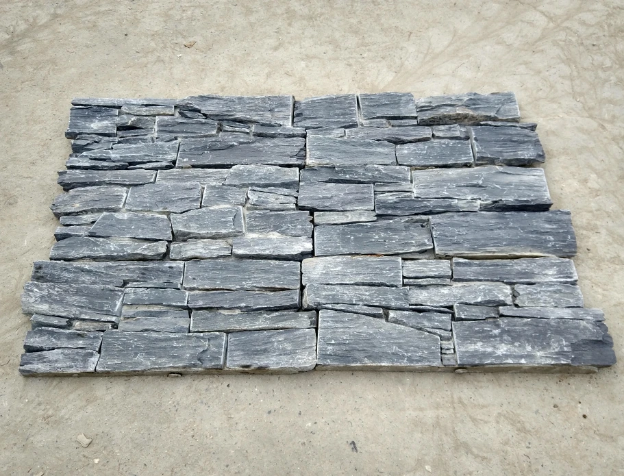 Natural Outdoor Stone Wall Black Slate Stacked Stone Wall Panels Cement Back