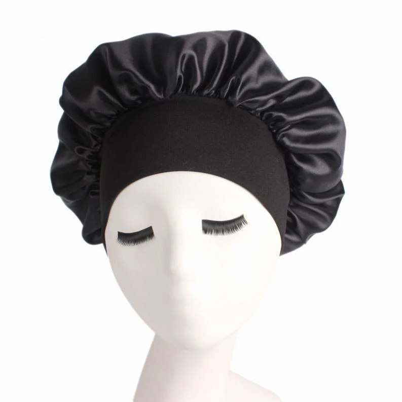 New Fashion Shower Caps Women Satin Night Sleep Cap Hair Bonnet Hat Silk Head Cover Wide Elastic Band