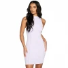 New Solid Sleeveless Mock Neck Short Dress Elegant Office Lady Side Out Tight Fitted Dress Formal Charming Clothing -SM