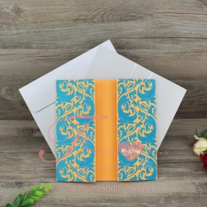 Nice Texture Special Orange Paper wth Blue Flocked Velvet Wedding Invitation Card