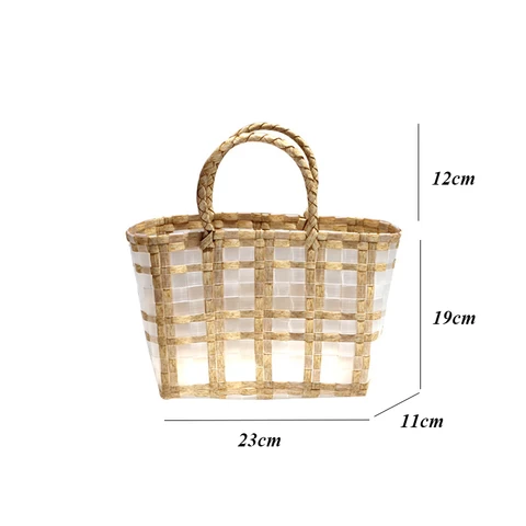 Plastic Woven Tote Bag Contrast Color Striped Hand-Carrying Basket Straw Bags Transparent PVC Beach Handwoven Handbags for Women
