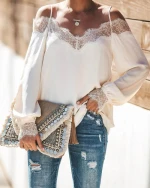 Plus Size Women Fall ApparelFashion Off Shoulder Blouse Lace Patchwork Long Sleeve Ladies Chiffon Tops