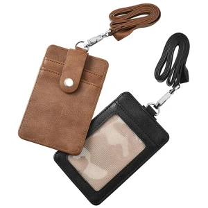 Premium PU leather working badge ID card holder with neck strap lanyard