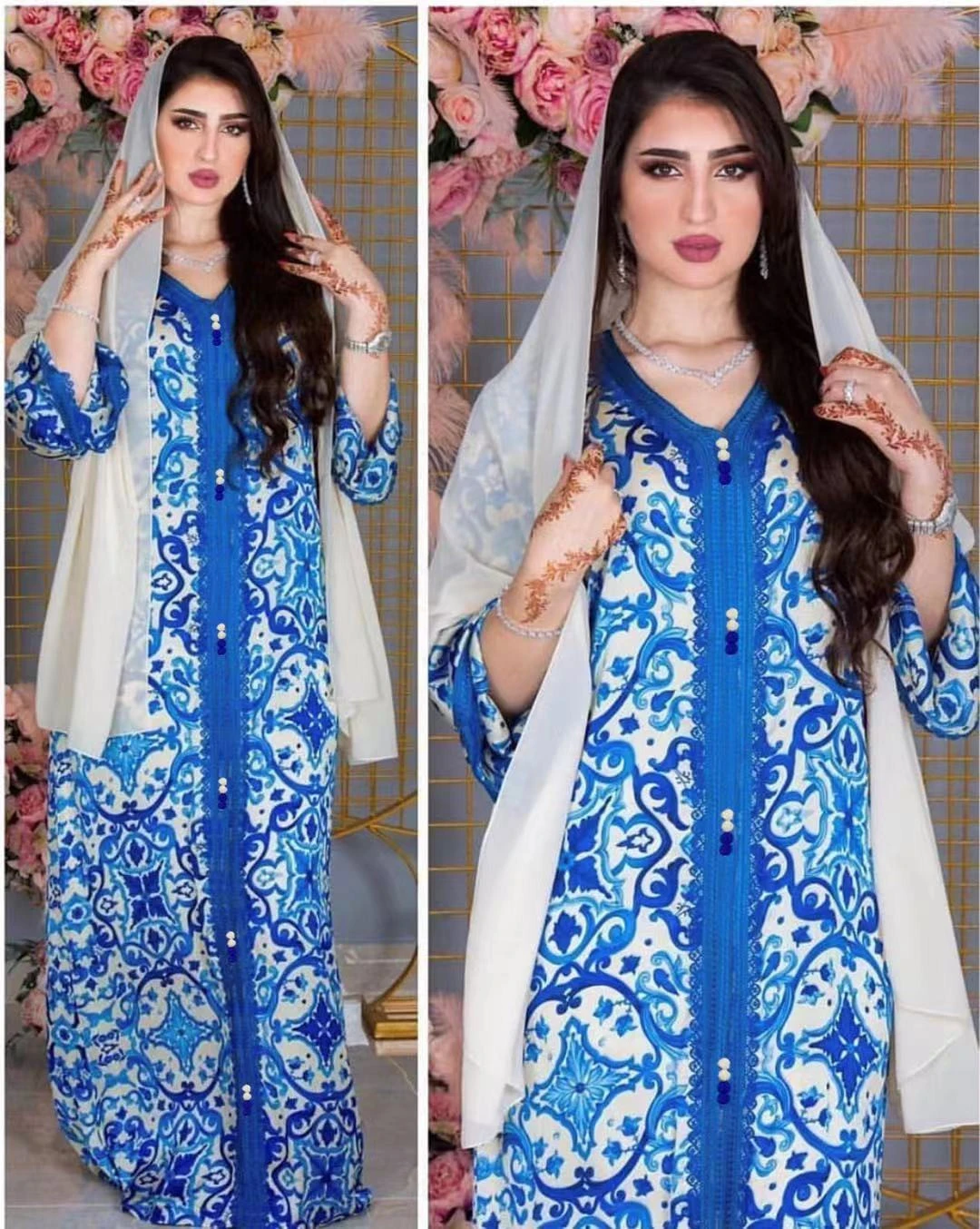 Print Floral  Lace Trim Long Sleeve Islamic Clothing Hijab Modern Dubai Abayas Muslim Dress