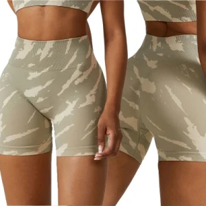 Printed Seamless High-Waisted Yoga Shorts Belly Lift Fitness Pants Women?s Running Shorts for Women