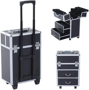 Professional Rolling Makeup Case Salon Beauty Cosmetic Jewelry Organizer Trolley with 2 Wheels and Drawer