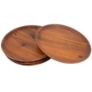 Round Acacia Wood Serving Charger Plates  11 inch Set of 4 Serving Dishes Dessert Platters