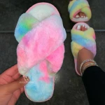 sandals shoes women 2021 Fashion Rainbow cross cotton plush slippers Women Fluffy slippers Winter Warm fur slides for women